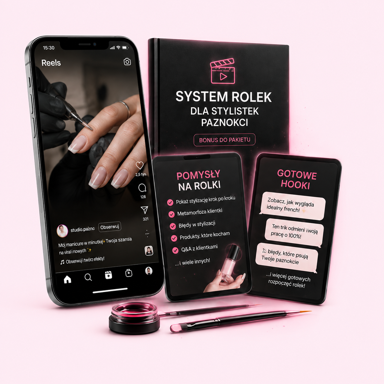 Mockup bonusu „System Rolek dla Stylistek Paznokci” z pomysłami na rolki, gotowymi hookami i podglądem Instagrama.